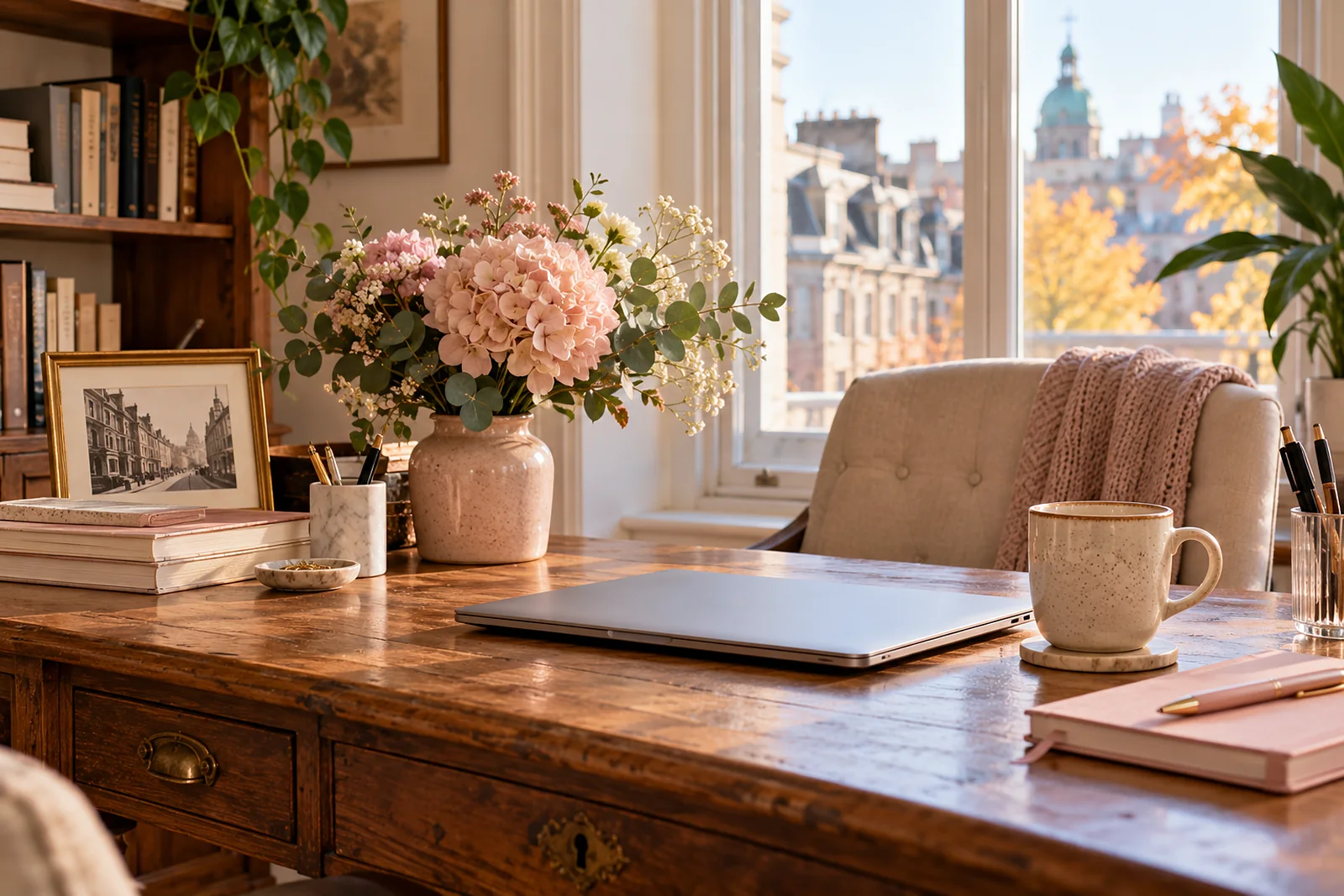 Bureau en bois ancien près d'une fenêtre à Montréal, avec un ordinateur portable et un bouquet de fleurs roses
