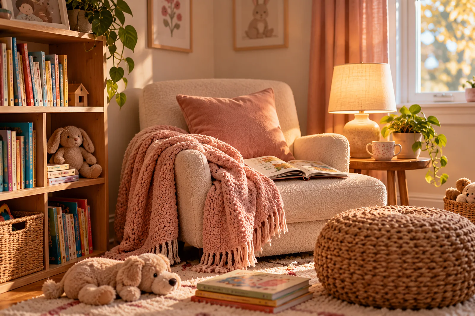 Coin lecture douillet avec des livres pour enfants, une couverture et une lampe