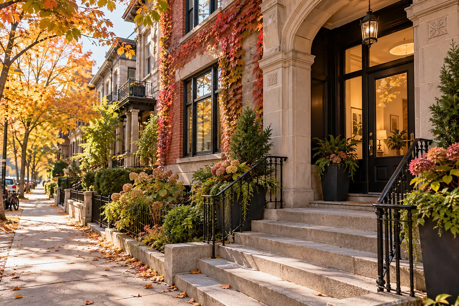 Entrée accueillante d'un immeuble de briques sur une avenue de Montréal en automne