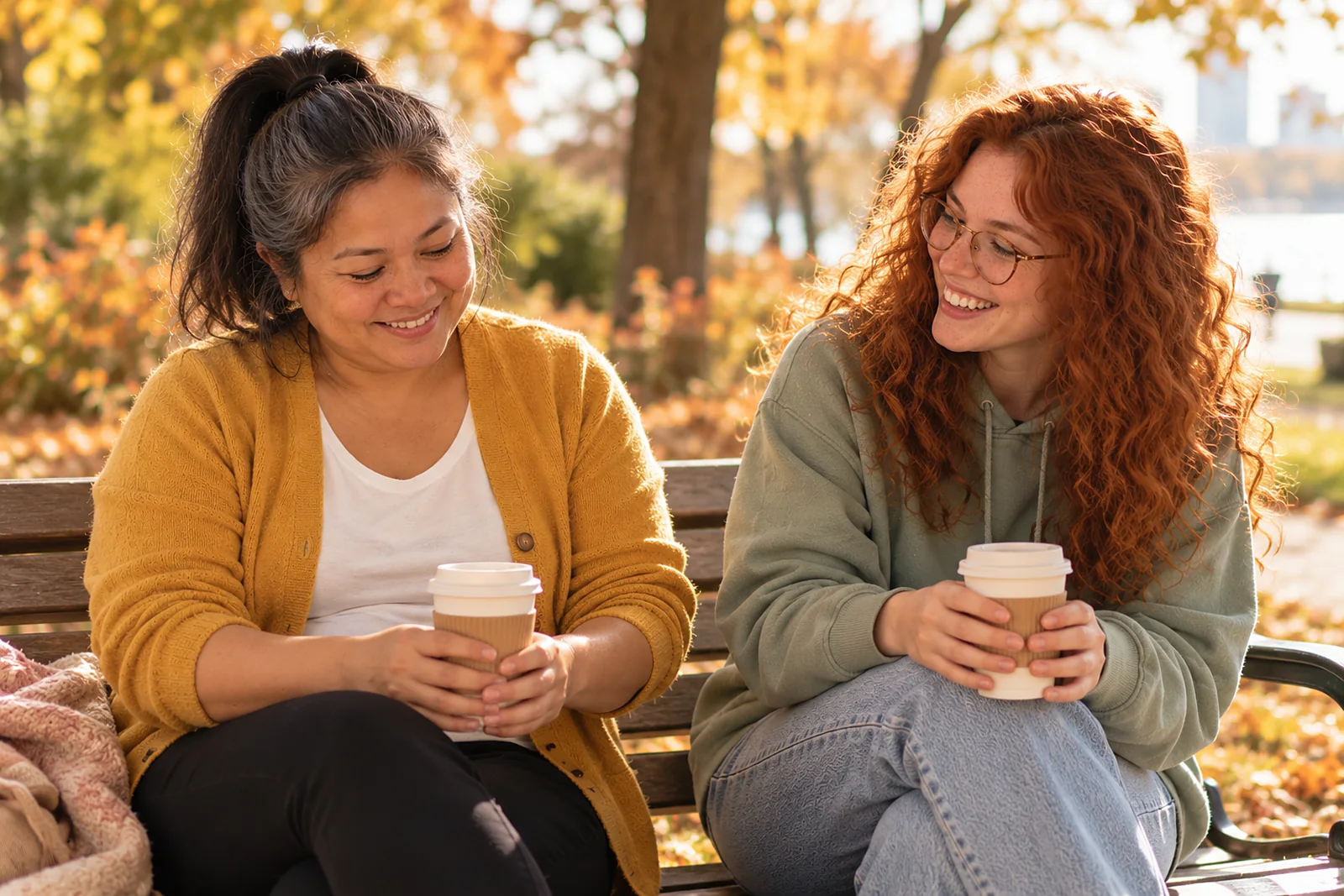 Deux nounous discutent et rient sur un banc de parc avec un café, un jour d'automne