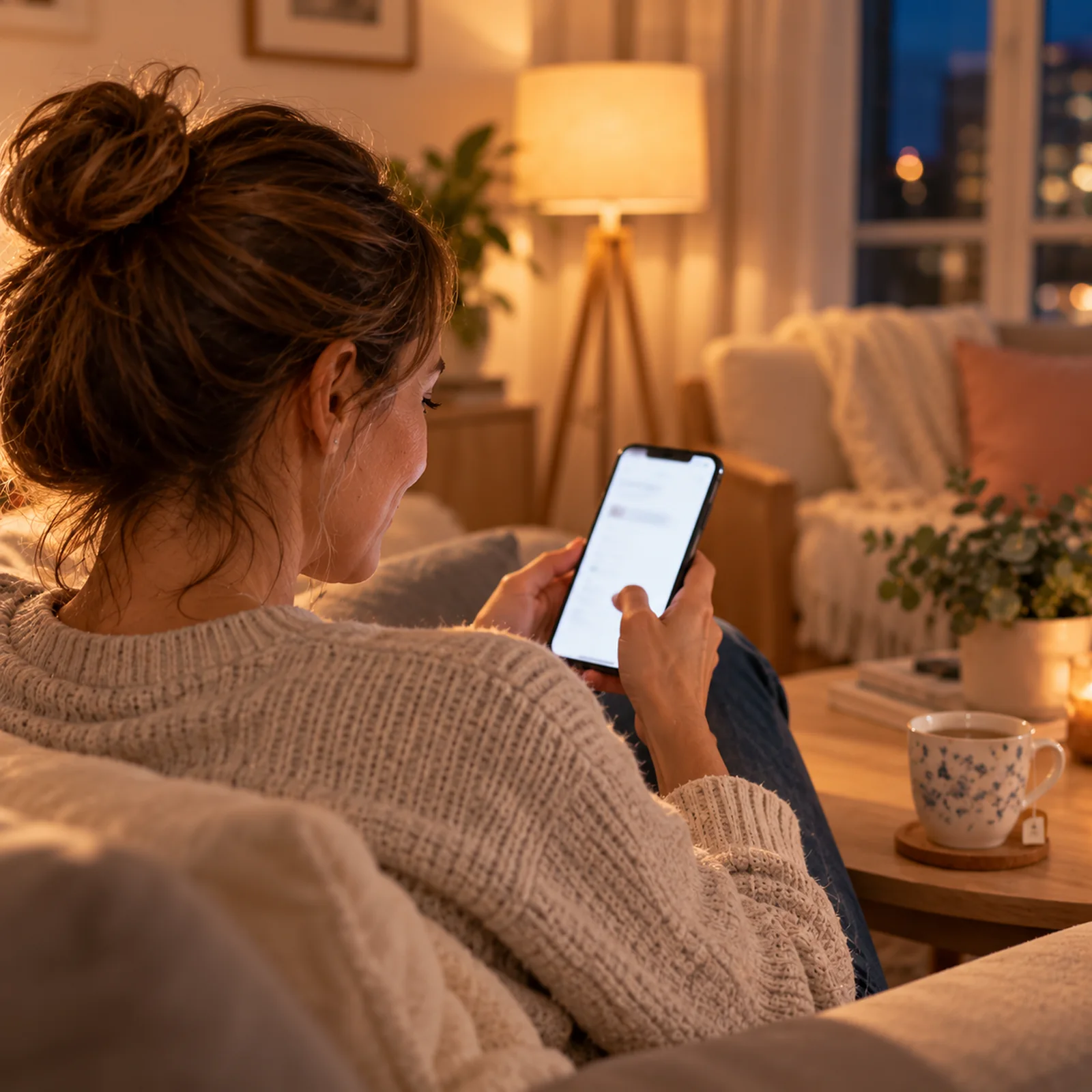 Une mère fait sa demande de garde sur son téléphone, assise sur le canapé le soir