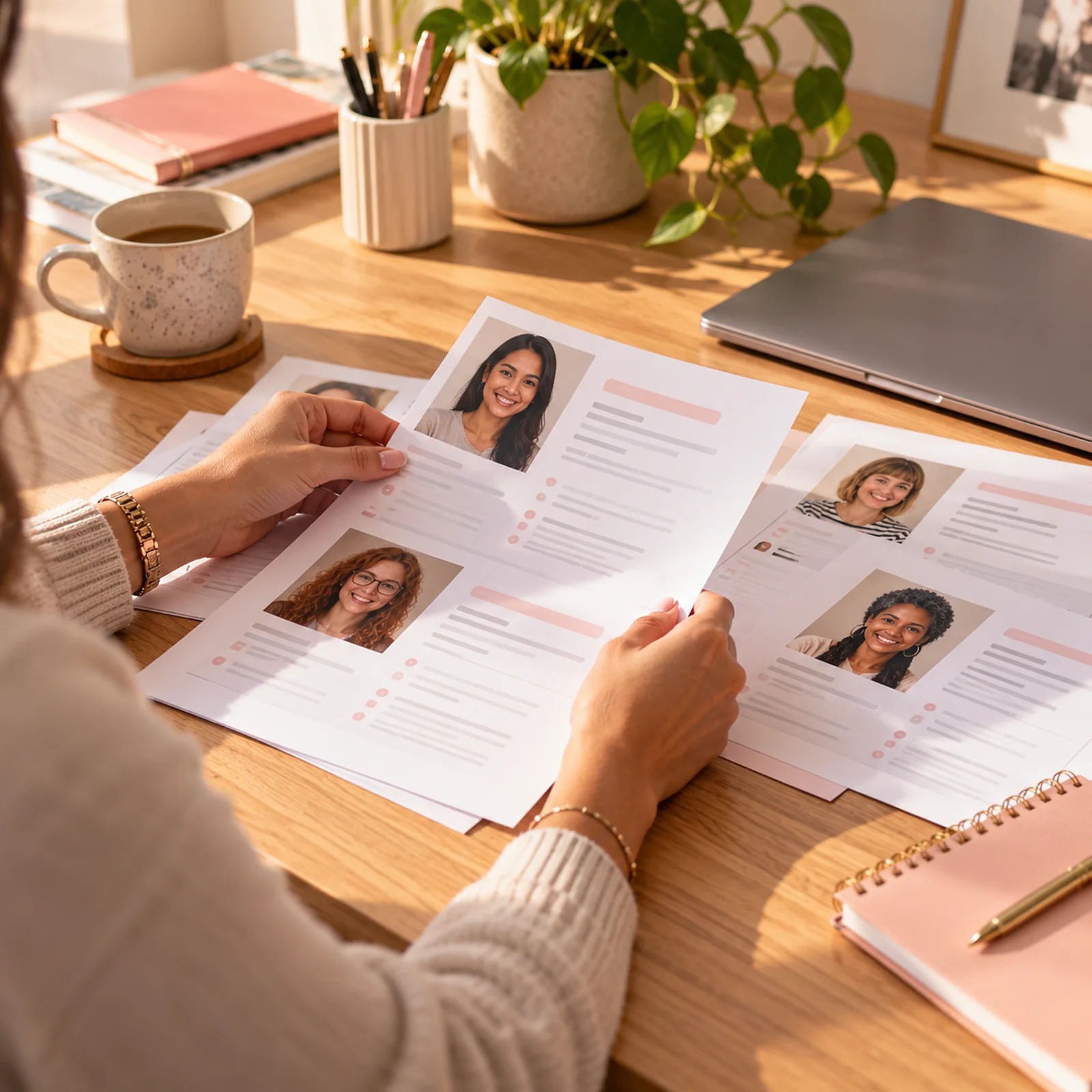 Une coordonnatrice compare des fiches de nounous sur son bureau