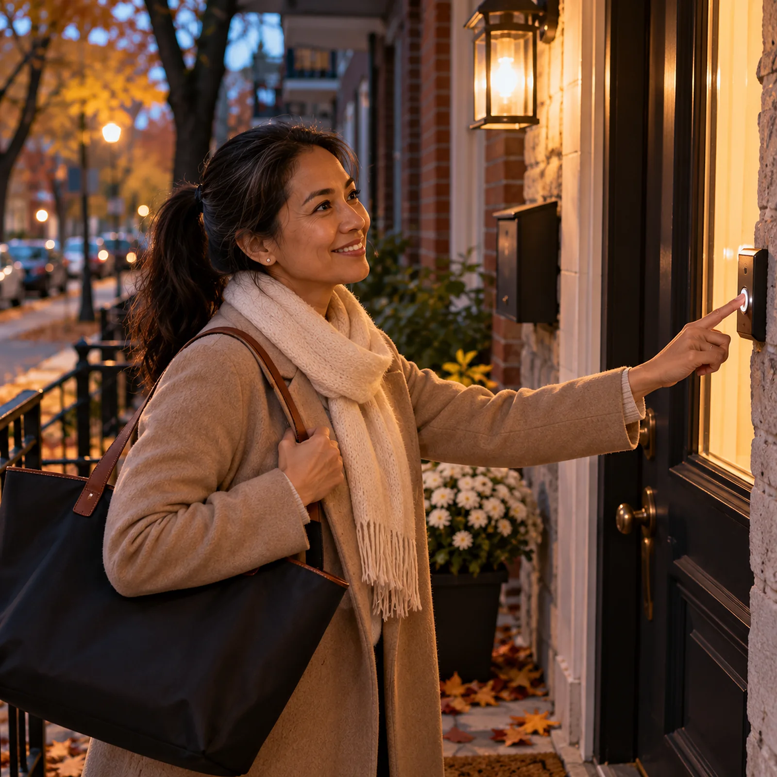 Une nounou souriante sonne à la porte d'un duplex montréalais en début de soirée