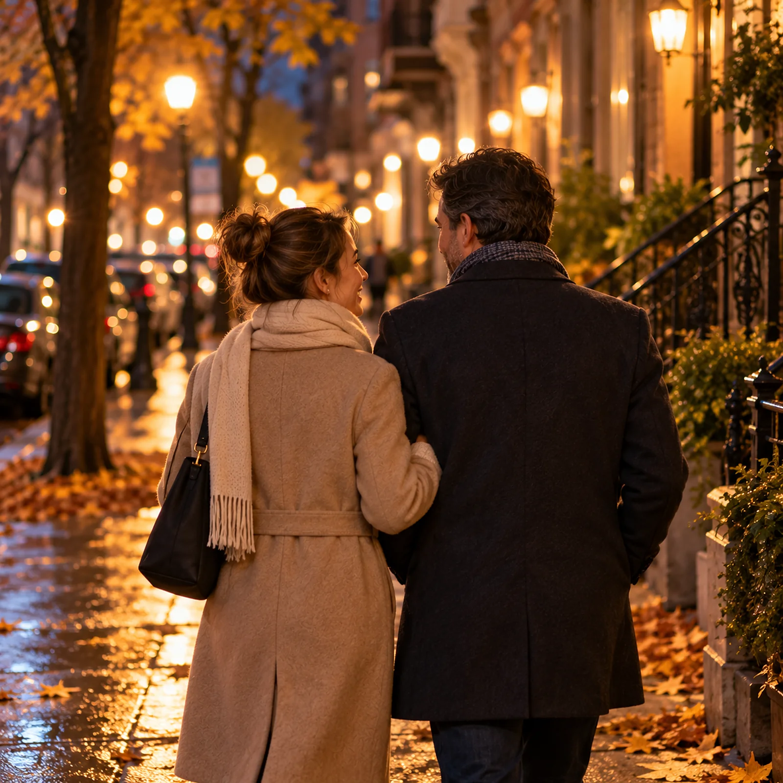 Un couple marche bras dessus, bras dessous dans une rue de Montréal illuminée le soir