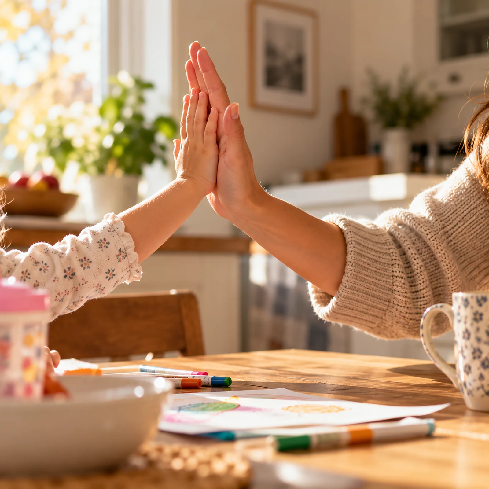La main d'un enfant et celle d'un adulte se tapent dans la main au-dessus d'une table de cuisine