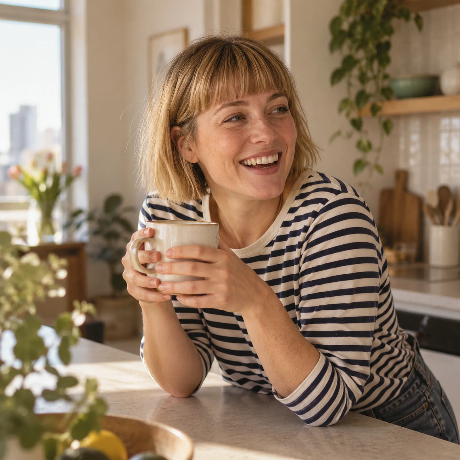 Camille, nounou à Montréal, rit en tenant une tasse dans une cuisine lumineuse (portrait illustratif)