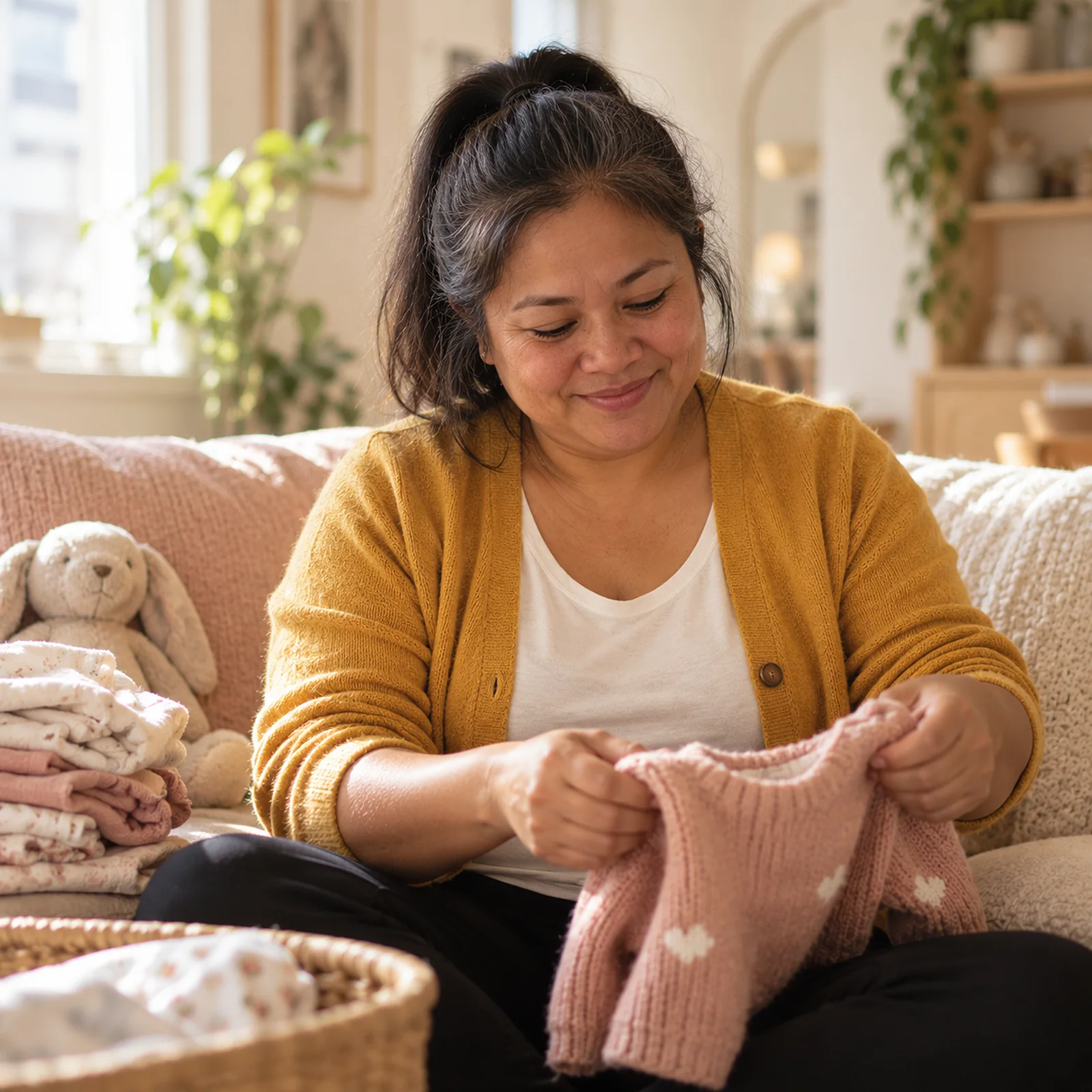 Maria, nounou à Montréal, plie un petit chandail d'enfant sur le canapé (portrait illustratif)