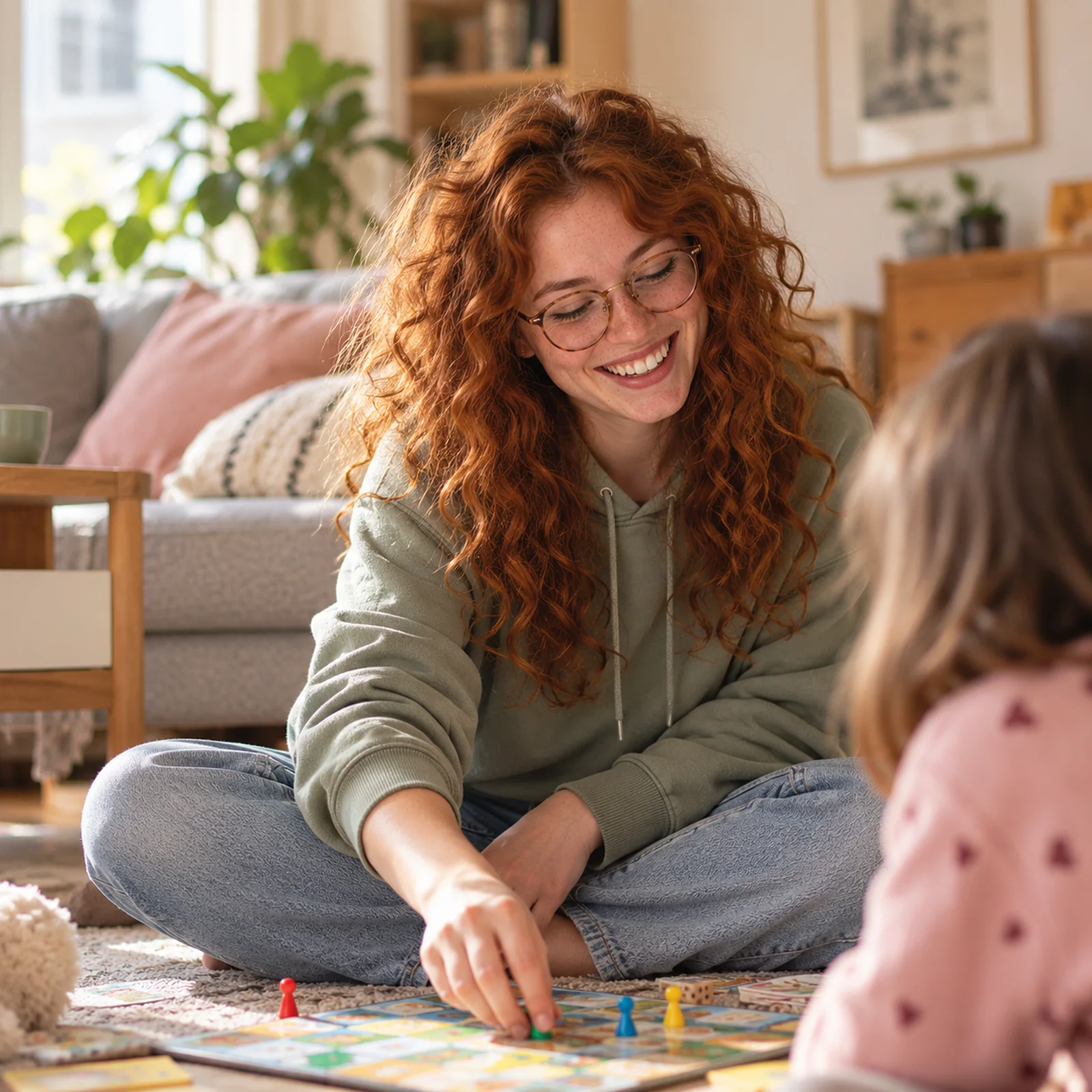 Léa, gardienne à Sherbrooke, joue à un jeu de société avec une enfant (portrait illustratif)