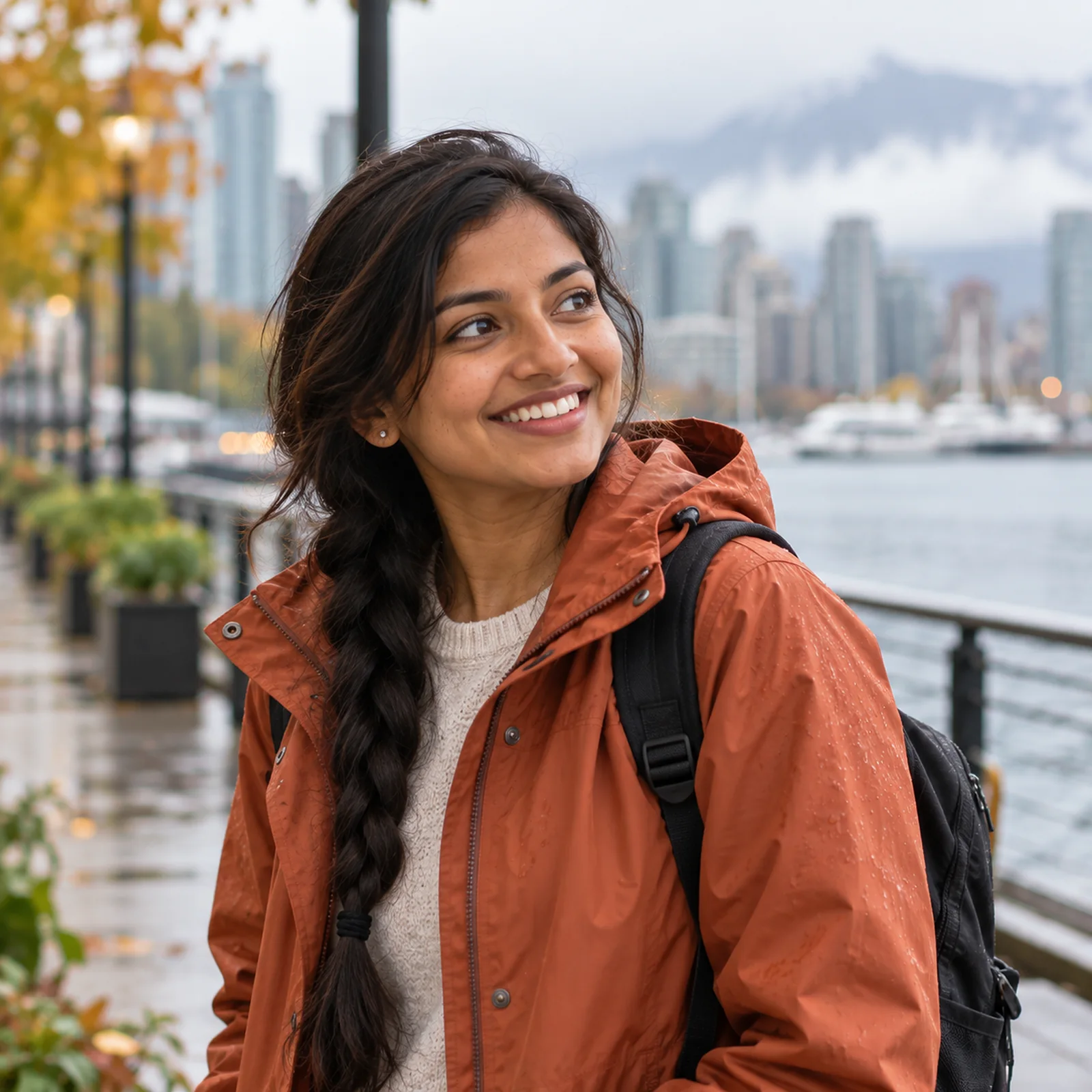Priya, nounou à Vancouver, marche au bord de l'eau par temps de pluie (portrait illustratif)