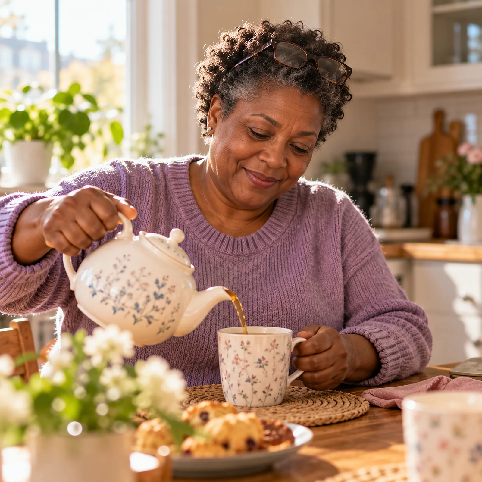 Linda, aide aux aînés, verse du thé dans une cuisine ensoleillée (portrait illustratif)