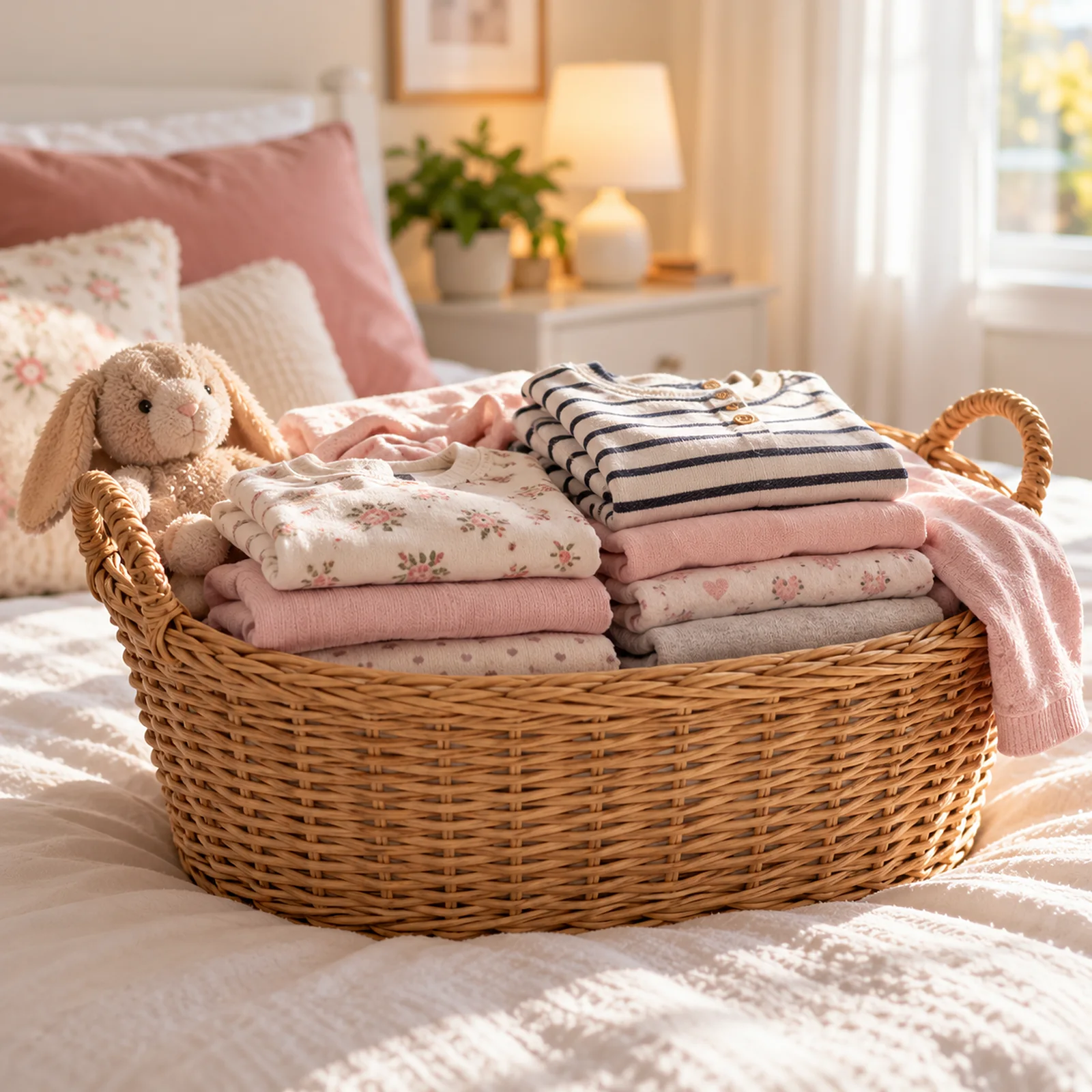 Vêtements d'enfants soigneusement pliés dans un panier en osier, sur un lit