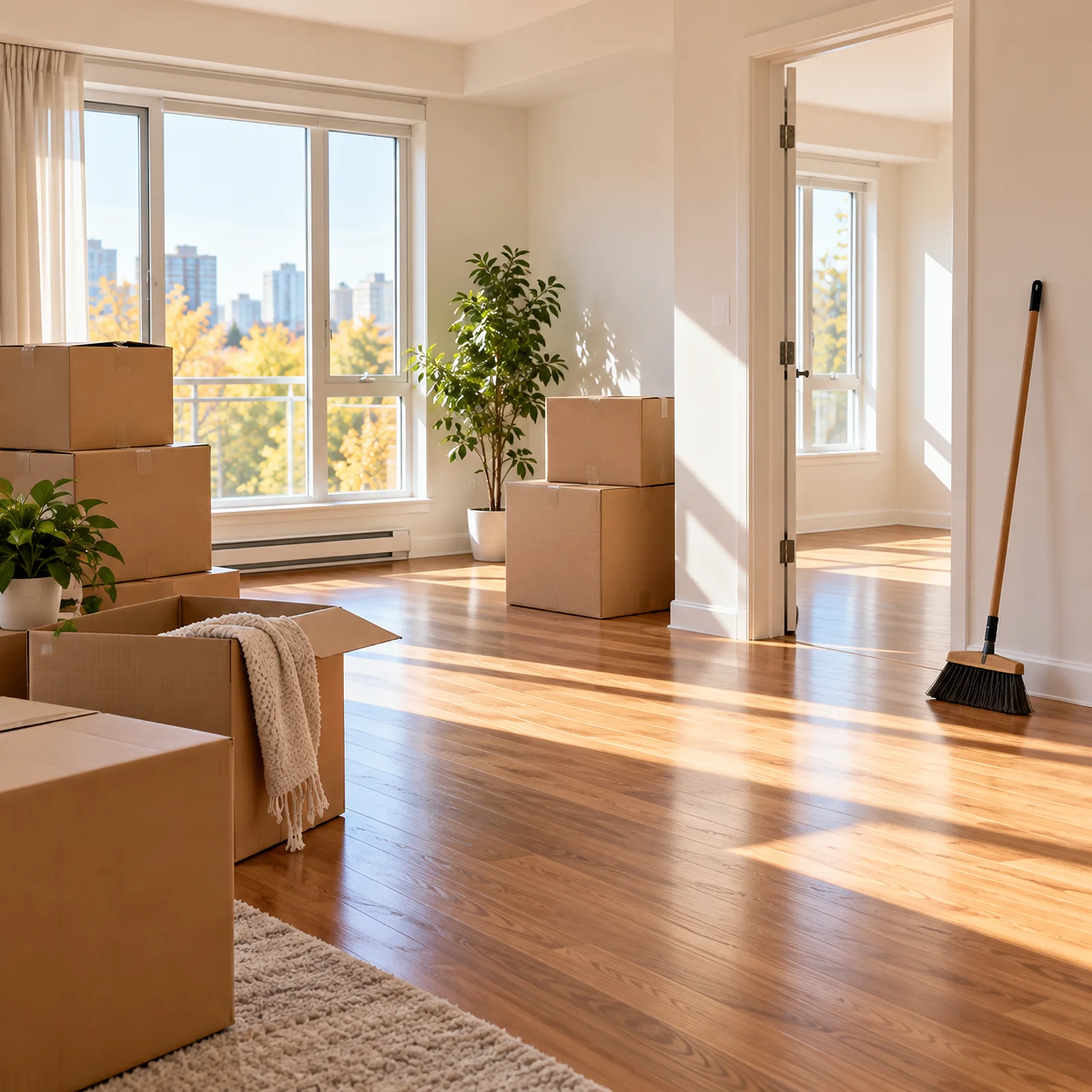 Appartement lumineux et propre avec quelques boîtes de déménagement et un balai