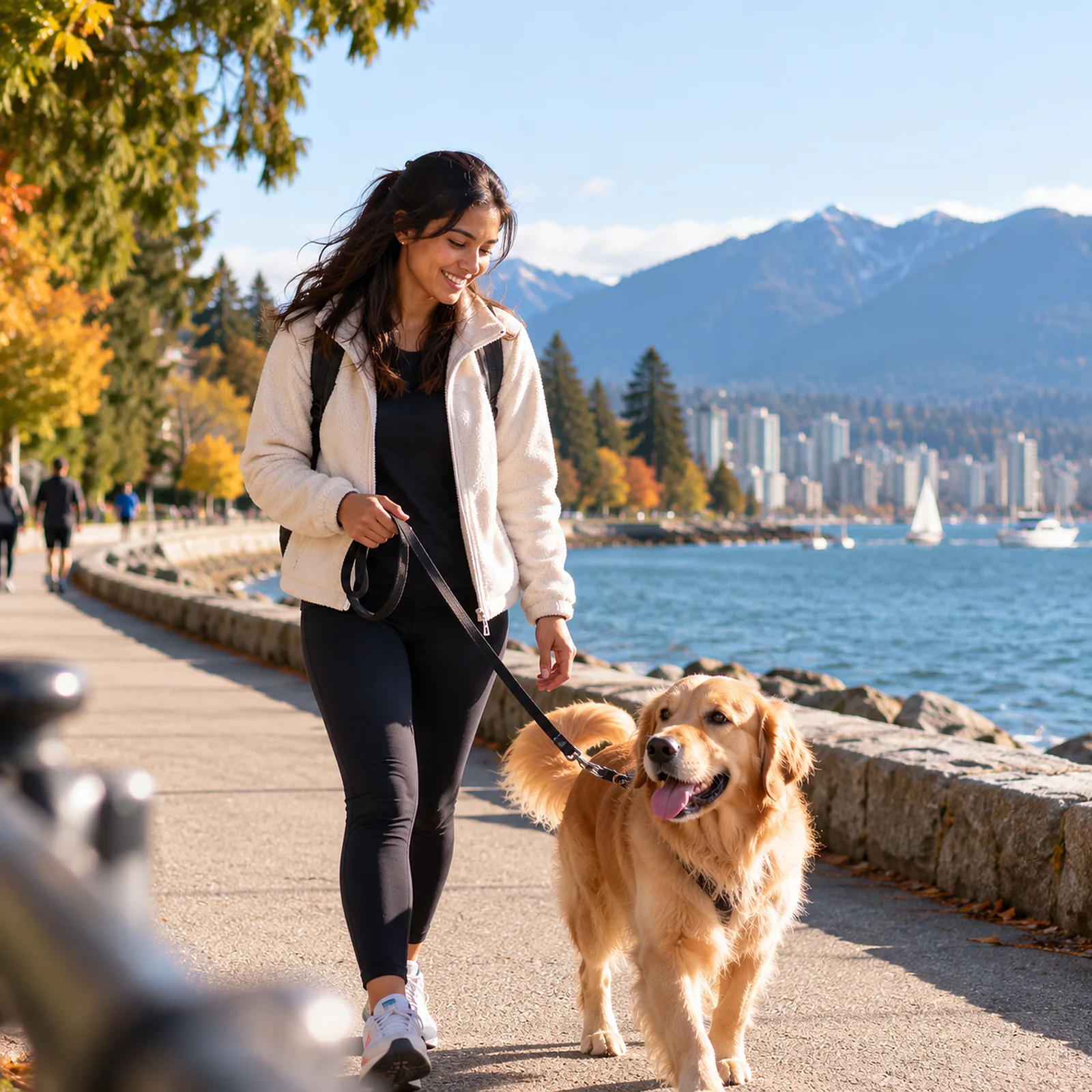 Une promeneuse de chien marche avec un golden retriever sur la digue de Vancouver, un jour d’automne