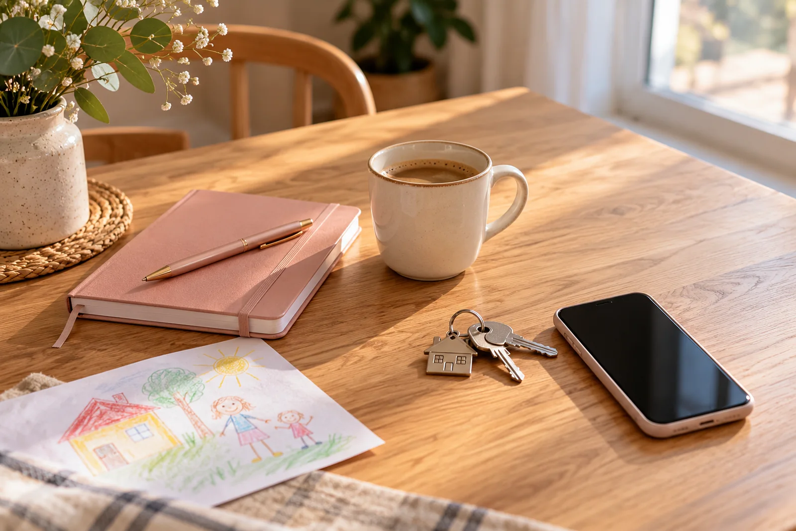 Un carnet rose, un café, des clés, un téléphone et un dessin d'enfant sur une table en bois