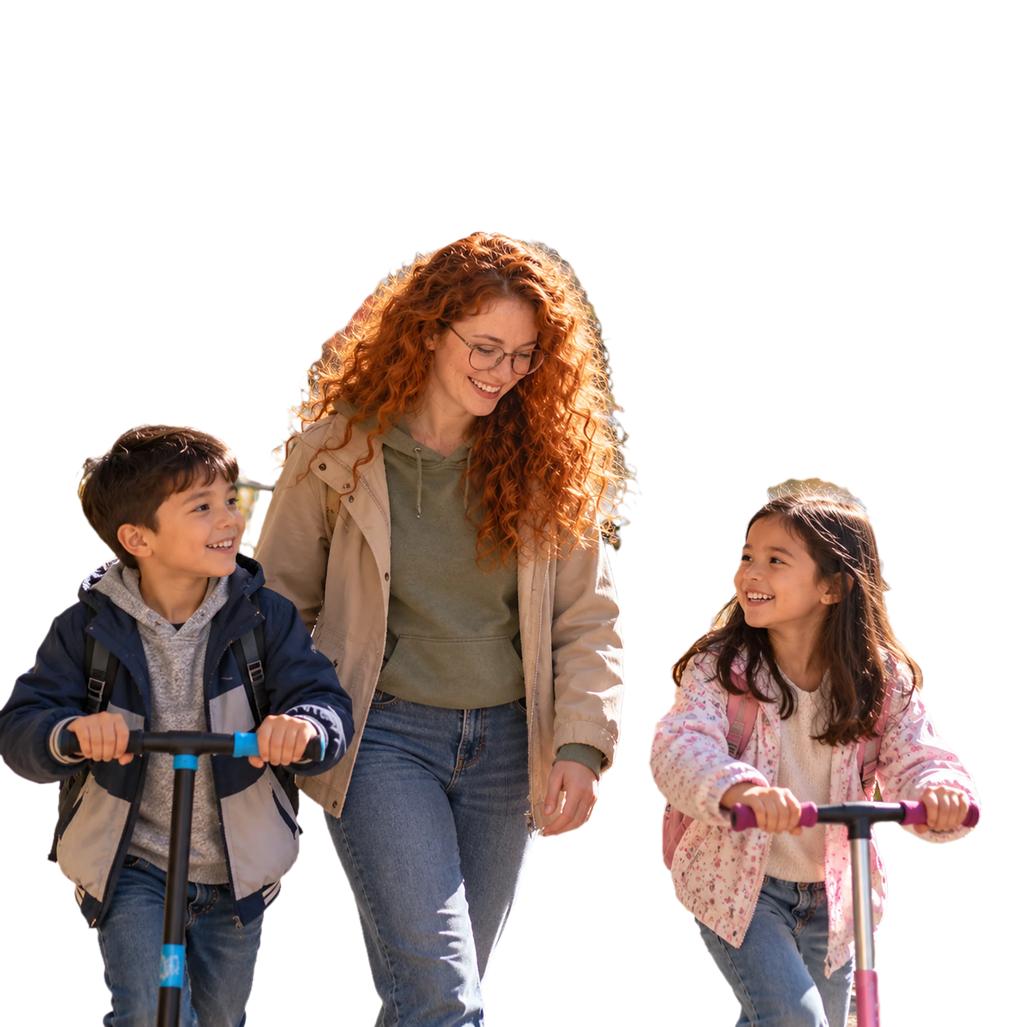 Une gardienne se promène avec deux enfants en trottinette au bord du lac des Nations, à Sherbrooke